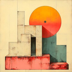 Poster - Abstract geometric composition featuring a large red circle and cubist structures