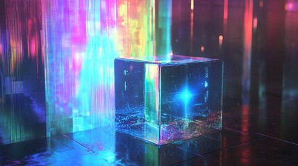 Poster - Ethereal Blue Transparent Cube Emitting Glowing Reflections in Space