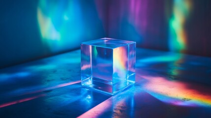 Poster - Ethereal Blue Glow of a Transparent Cube on Colorful Surface