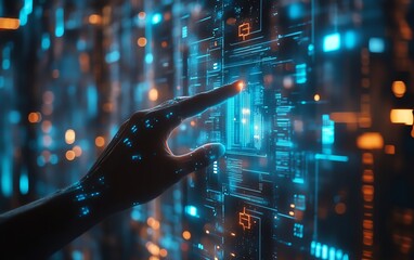 Poster - Futuristic cybernetic hand seamlessly navigating an interactive holographic display, AIdriven data visualizations floating in midair, hightech urban skyline backdrop, 8K ultraHD