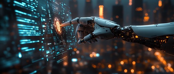 Poster - Futuristic robotic hand reaching out to a glowing holographic interface