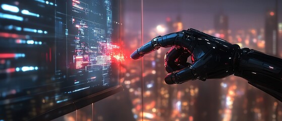 Poster - Futuristic robotic hand reaching out to a glowing holographic interface