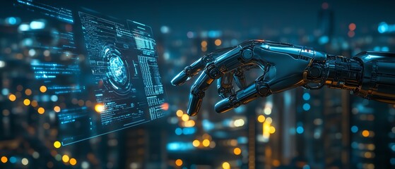 Poster - Futuristic technology visualization a robotic hand interacting with a dynamic holographic interface