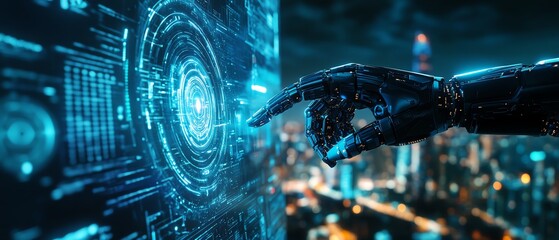 Poster - Futuristic technology visualization a robotic hand interacting with a dynamic holographic interface