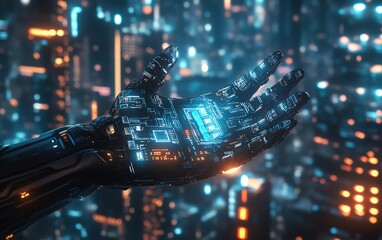 Poster - Holographic technology interface controlled by a robotic hand, futuristic tech patterns and light projections, with a sleek urban city skyline at night, ultrarealistic, 8K render
