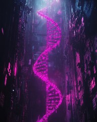 Poster - Neon DNA Helix in Futuristic Urban Environment at Night