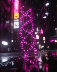 Poster - Neon Spiral Sculpture in Rainy Urban Nightscape with Reflections