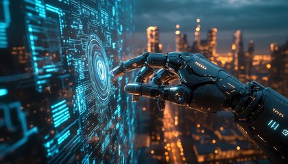 Poster - Robotic hand interacting with a glowing holographic interface, displaying advanced data projections, against a sleek futuristic urban skyline backdrop, ultradetailed, 8K realism