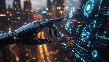 Poster - Robotic hand interacting with a glowing holographic interface, displaying advanced data projections, against a sleek futuristic urban skyline backdrop, ultradetailed, 8K realism