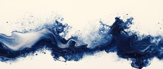 Poster - Abstract fluid art in indigo blue and white creating dynamic swirls and splashes on a light background evoking movement and depth