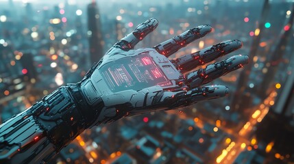 Poster - Sleek robotic hand manipulating futuristic holographic controls