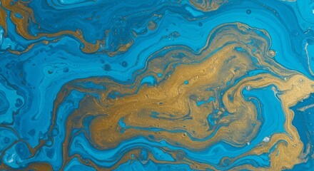 Wall Mural - hand painted background with mixed liquid blue and golden paints. abstract fluid acrylic painting