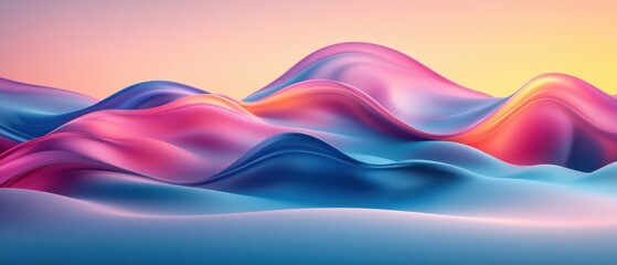 Poster - Abstract waves of vibrant color flowing in a serene landscape creating a peaceful and calming digital art piece with a gradient sunset background
