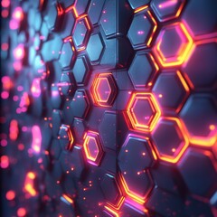 Poster - Futuristic Hexagonal Grid with Vibrant Neon Glow Abstract Background for Tech Innovation and Digital Connectivity in a Modern Cyberpunk Style
