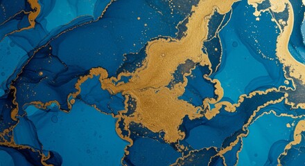 Wall Mural - hand painted background with mixed liquid blue and golden paints. abstract fluid acrylic painting