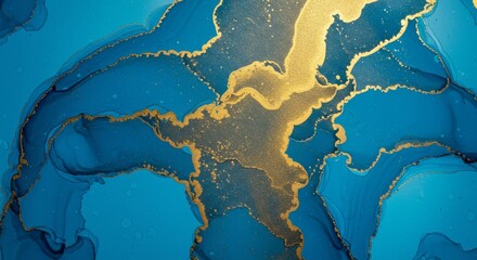 Wall Mural - hand painted background with mixed liquid blue and golden paints. abstract fluid acrylic painting