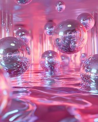 Poster - Abstract Composition of Floating Bubbles in Reflective Pink Environment