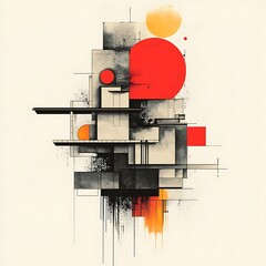 Poster - Abstract geometric art with layered shapes in grayscale and red and orange accents