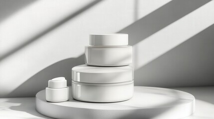 Poster - Three white cosmetic cream jars elegantly arranged on a circular pedestal with soft shadows