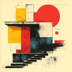 Poster - Abstract geometric composition with stairs and primary colors creating a bold visual pattern