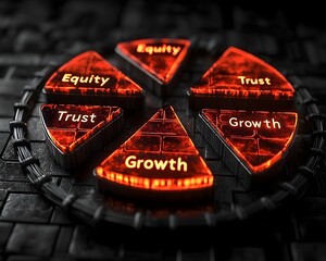 Poster - glowing business pie chart with equity trust and growth segments symbolizing balance and fairness