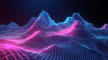 Poster - Vibrant neon landscape with glowing peaks and valleys against a starry night sky backdrop