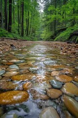 Poster - Serene creek flowing through lush green forest with smooth rocks creating a tranquil and inviting nature scene perfect for outdoor adventure