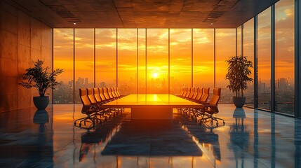 Poster - Serene Boardroom Glowing at Sunset with Holographic Business Equity Display
