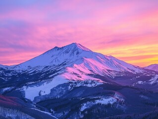 Wall Mural - majestic snowy mountain peak illuminated by vibrant sunset hues creating a serene alpine landscape a