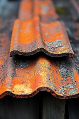 Poster - Weathered orange roof tiles with texture and rust creating a vintage and rustic architectural close up