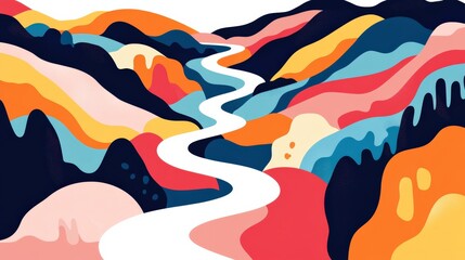 Poster - Vibrant abstract landscape featuring a winding river through colorful hills and valleys