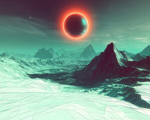Poster - Futuristic Landscape with Abstract Mountains and Glowing Sun