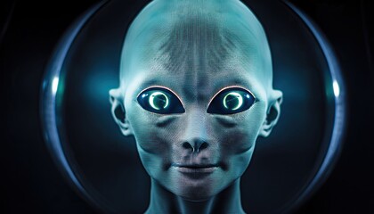 Poster - Unique Hologram Representation of an Alien Face With Striking Features and Glowing Eyes