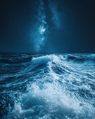 Wall Mural - majestic milky way galaxy shines above the dark ocean waves creating a stunning nightscape view