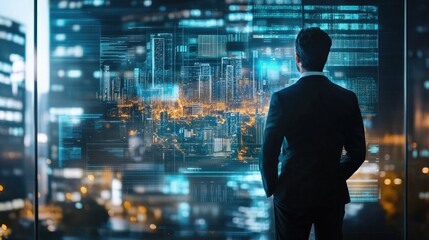Poster - Businessman Viewing Futuristic Cityscape Through Smart Window