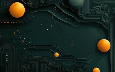 Poster - Abstract dark green tech background with orange spheres and circuit lines.