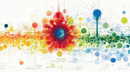 Poster - Vibrant abstract design showcasing a colorful flower with a globe, surrounded by data visualizations