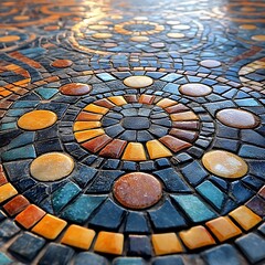 Poster - Intricate mosaic tile work with circular pattern in warm colors and glossy finish
