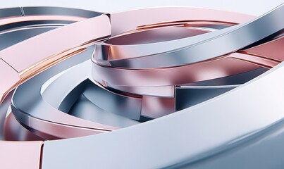 Abstract rose gold and silver swirling metallic ribbons on white for modern design
