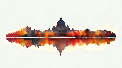 Poster - Architectural building with dome in silhouette style reflected on the water colorful foliage