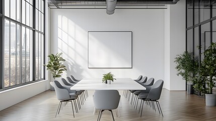 Wall Mural - modern minimalist conference room features sleek white table, gray ergonomic chairs, and natural lig