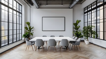 Wall Mural - modern minimalist conference room features sleek white table, gray ergonomic chairs, and natural lig