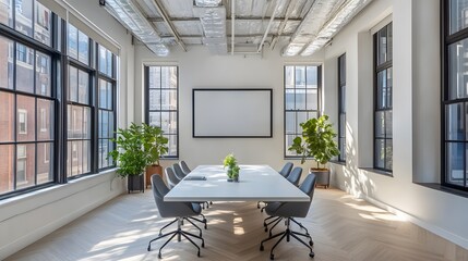 Wall Mural - modern minimalist conference room features sleek white table, gray ergonomic chairs, and natural lig