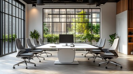 Wall Mural - modern minimalist conference room features sleek white table, gray ergonomic chairs, and natural lig