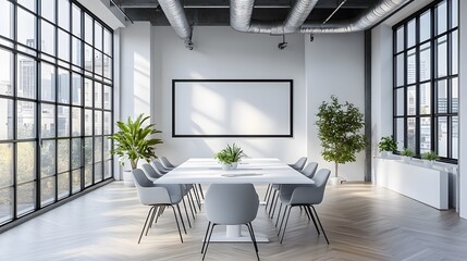 Wall Mural - modern minimalist conference room features sleek white table, gray ergonomic chairs, and natural lig