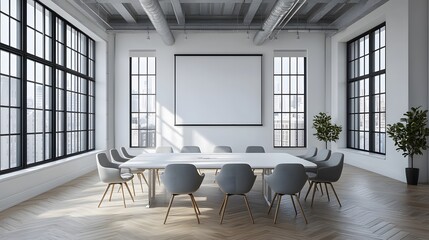Wall Mural - modern minimalist conference room features sleek white table, gray ergonomic chairs, and natural lig