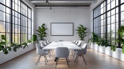 Wall Mural - modern minimalist conference room features sleek white table, gray ergonomic chairs, and natural lig