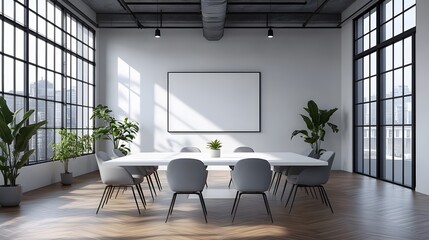Wall Mural - modern minimalist conference room features sleek white table, gray ergonomic chairs, and natural lig