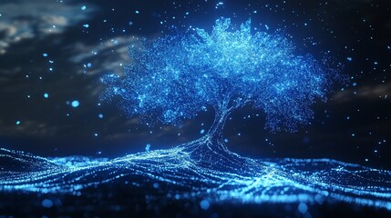 Poster - Glowing Blue Tree of Digital Fantasy Night Scene, Abstract Particle Art