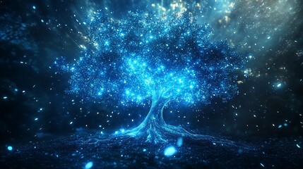 Poster - Glowing Blue Tree of Fantasy Magic: A Mystical Digital Art